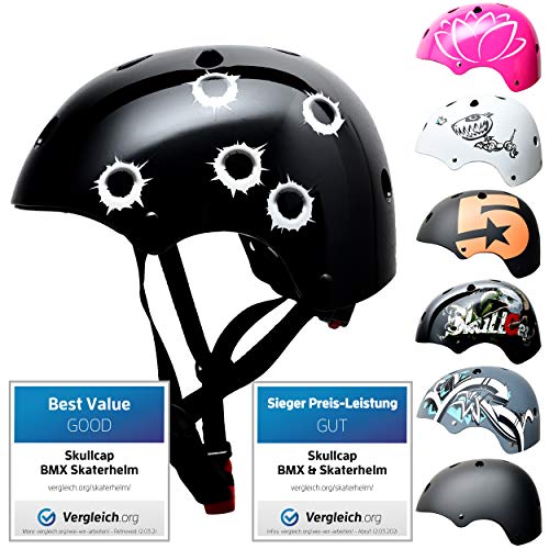 SkullCap® Kids BMX & Skate Helmet - Bicicleta Y Scooter Eléctrico, Diseño: Bullets, Talla: S