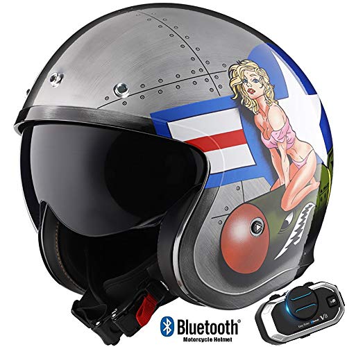 STRTT Bluetooth Casco de Cara Abierta Moto Jet Modular Casco,Cara Abierta para Adultos Casco de La Bici del Viaje del Estilo Crucero Bicicleta Chopper,ECE Aprobado