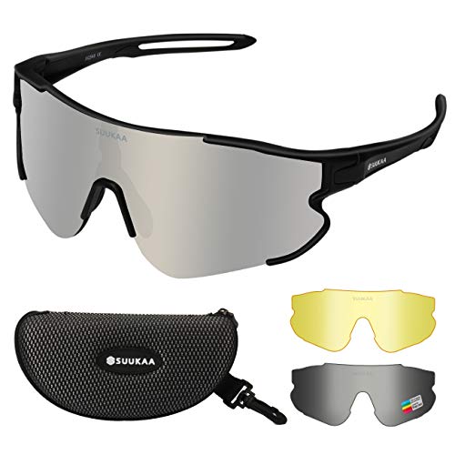 SUUKAA Ciclismo Gafas CE Certificación Polarizadas con 3 Lentes Intercambiables UV 400 Gafas,Corriendo,Moto MTB Bicicleta Montaña,Camping y Actividades al Aire Libre para Hombres y Mujeres TR-90