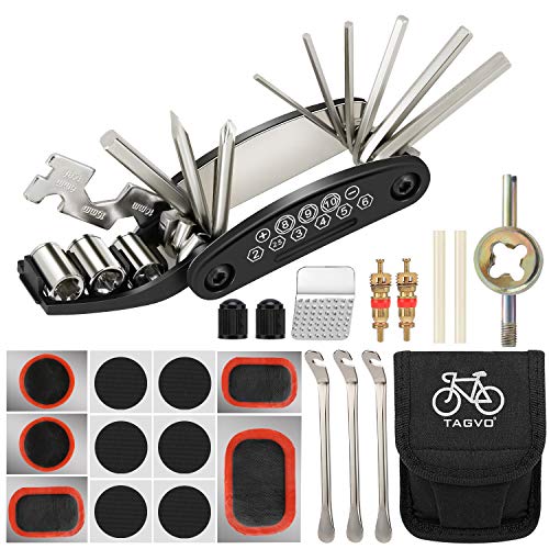 Tagvo Kit de herramientas para bicicleta, 16 en 1 Herramienta multifunción para bicicleta con kit de parche y palancas para neumáticos, Kit de herramientas para reparación de bicicletas, Paquete de he