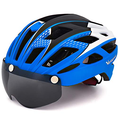 VICTGAOL Casco Bicicleta Helmet Bici Ciclismo para Adulto con Luz Trasera LED Visera Extraíble Hombres Mujeres Adultos de Bicicleta para Montar (Azul)