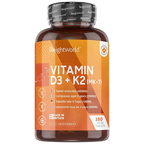 Vitamina D3 K2 180 Comprimidos - Vitamina D3 4000UI Vitamina K2 100 µg, Alta Absorción y Biodisponibilidad MK7 99,7% All-Trans, Vit D Colecalciferol Contribuye al Mantenimiento Normal Sistema Inmune