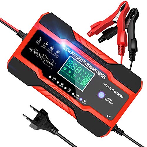 YDBAO Cargador Baterias Coches Moto, 12V/24V 10Amp Cargador de batería Inteligente Completamente automático con Pantalla LCD y Múltiples Protecciones para Baterías de Plomo-ácido/AGM/Gel/EFB