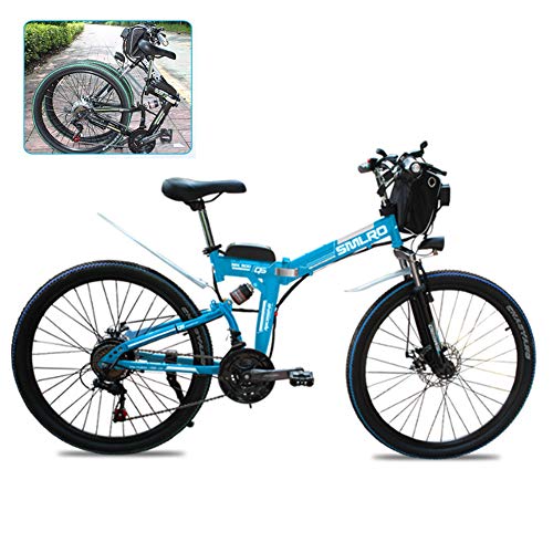 YXYBABA Bicicleta Eléctrica Plegable 26 Pulgadas, 21 Marchas Shimano, con Batería De 350W, 48V, Amortiguación Altamente Resistente Suspensión Completa Bicicletas Marco Doble del Freno De Disco,Azul