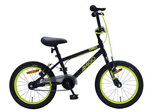 Amigo Danger – Bicicleta infantil para niños – 16 pulgadas – con frenos de mano y manillar acolchado – Bicicleta BMX – a partir de 4 – 6 años – negro/amarillo