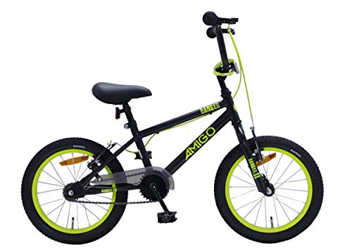 Amigo Danger – Bicicleta infantil para niños – 16 pulgadas – con frenos de mano y manillar acolchado – Bicicleta BMX – a partir de 4 – 6 años – negro/amarillo Amigo Danger – Bicicleta infantil para niños – 16 pulgadas – con frenos de mano y manillar acolchado – Bicicleta BMX – a partir de 4 – 6 años – negro/amarillo