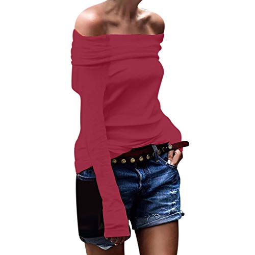 Blusa de manga larga para mujer con hombros sueltos, de hombros descubiertos, ajustada Rojo rosso XXL
