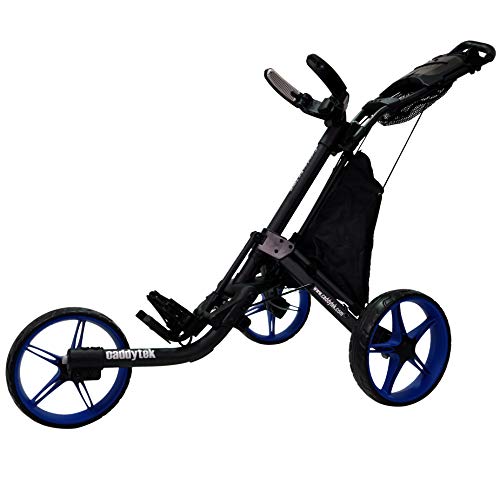 CaddyTek EZ Tour Quickfold Deluxe 2020 - Carrito de golf plegable con 3 ruedas, incluye bolsa térmica, color negro y azul