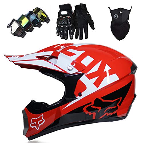 Casco de Moto Niños, MJH-02 Casco MTB de Integrales Adultos Conjunto de Casco de Motocross con Gafas/Guantes/Máscara para Downhill Enduro Dirt Bike Quad ATV BMX, con Diseño Fox, Rojo