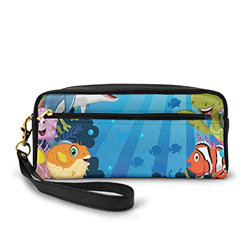 Con bolsa de lápiz con cremallera,Colorido bajo el agua arena tierra dibujos animados tiburón aleta mar plantas impresión artística,Estuche pequeño maquillaje bolsa