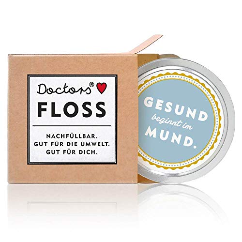 DOCTORS Floss, 100m hilo dental vegano, recargable con bobina recambio, fino, ligeramente encerado, con menta, ecologico & sostenible, caja reusable
