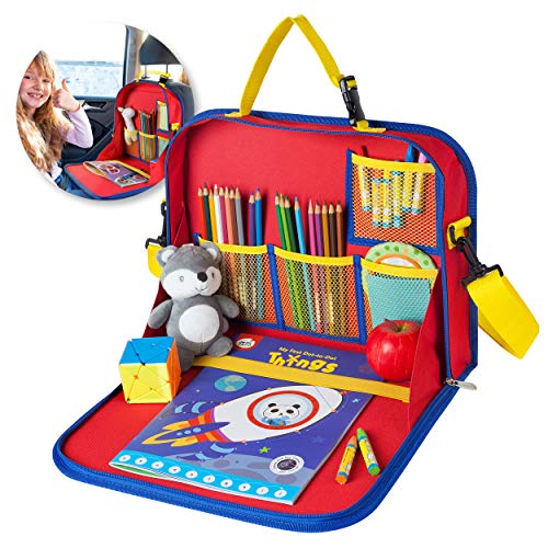 Eelites Organizador de Coche Infantil con Soporte de Tablet para Respaldo de Asiento - Bandeja Plegable en Bolsa de Viaje para Niño - Mesa para Coche Ideal para Actividades como Pintar Jugar Estudiar