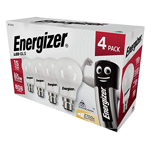 Energizer GLS - Bombilla LED de repuesto (4 unidades, luz blanca cálida B22, 60 W)