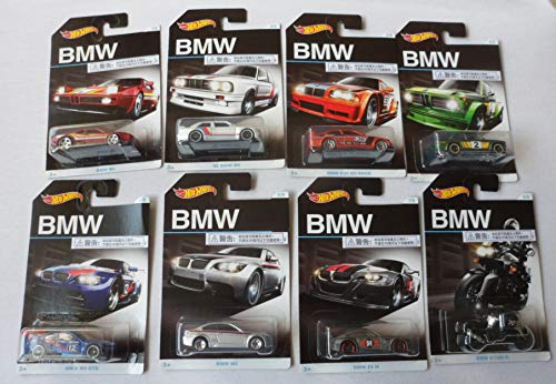 Hot Wheels Exclusive BMW Series Set of 8 Red BMW M1, White '92 BMW M3, Orange BMW E36 M3 Race, Green BMW 2002, Blue BMW M3 GT2,Silver BMW M3, Gray BMW Z4 M, and Black/Silver BMW K1300 R by