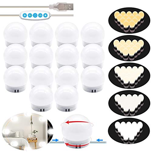 Luces LED Kit de Espejo con 14 Bombillas regulables 5 Modos Ajustable de Color y 5 niveles de brillo de Luz USB Luz Espejo Maquillaje,Tocador,Espejo,Baño,Regalo 3000K-6500K - Base de actualización Luces LED Kit de Espejo con 14 Bombillas regulables 5 Modos Ajustable de Color y 5 niveles de brillo de Luz USB Luz Espejo Maquillaje,Tocador,Espejo,Baño,Regalo 3000K-6500K - Base de actualización