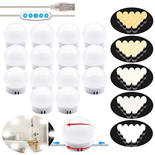 Luces LED Kit de Espejo con 14 Bombillas regulables 5 Modos Ajustable de Color y 5 niveles de brillo de Luz USB Luz Espejo Maquillaje,Tocador,Espejo,Baño,Regalo 3000K-6500K - Base de actualización