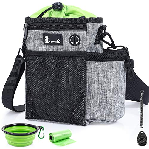 Pecute Bolsa de Entrenamiento para Perros Impermeable con Bolsa para Botella de Agua, Ajustable Bandolera, Cinturón y Pinza de Cinturón, con Tazón Plegable, Clickers de Entrenamiento y Bolsa Caca Gris