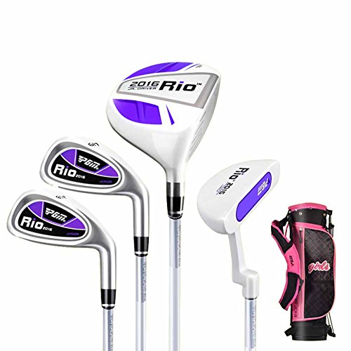PGM Juego de palos de golf para niños de 9 a 12 años, 4 unidades de palos de golf con bolsa (morado y blanco con bolsa de soporte) PGM Juego de palos de golf para niños de 9 a 12 años, 4 unidades de palos de golf con bolsa (morado y blanco con bolsa de soporte)