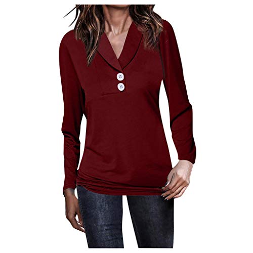 PKTOP - Blusa de Manga Larga para Mujer, Cuello en V, Estilo Casual, Lisa, Estilo túnica Rojo Vino XL