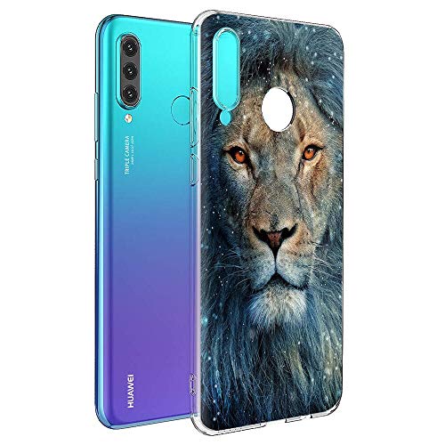 Pnakqil for Huawei P30 Lite / P30 Lite New Edition Phone Case, Transparent Clear with Pattern Shockproof Soft Flexible TPU Silicone Ultra-Thin Protective Back Cover Bumper, Blue Lion
