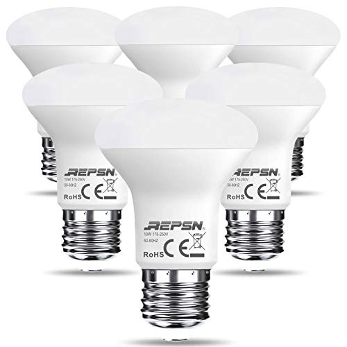 REPSN® Pack de 6 bombillas LED reflectoras R63, 10 W, E27, luz blanca cálida, 3000 K, repuesto para bombillas halógenas de 75 W, 800 lúmenes, ángulo de haz de 120°, bombillas LED