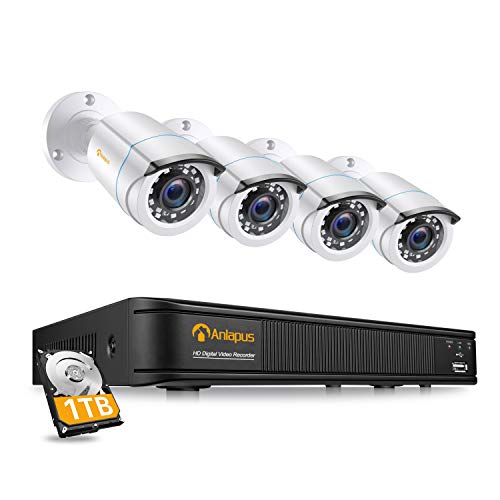 Anlapus Kit de Cámaras de Vigilancia Exterior 8CH 1080P H.265+ Grabador DVR con (4) Cámara de Seguridad, Alarma de Movimiento, Visión Nocturna, 1TB Disco Duro