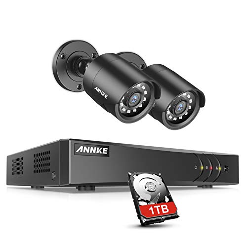 ANNKE Sistema de Videovigilancia 4CH 5MP-N H.265+ DVR con 1TB Disco Duro de Vigilancia + CCTV 2 Cámaras Kit de Cámaras de Seguridad 1080P IP66 Impermeable Visión Nocturna Silencioso-1TB Disco Duro