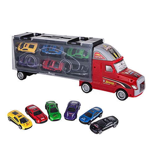 ASTOTSELL Transport Carrier Truck Toy, Transportador de Coches con 12 Mini Coches de Metal de Colores para niños y niñas (Rojo)