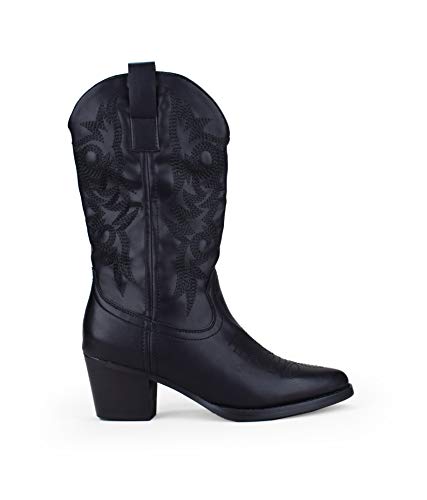 BOSANOVA Bota campera Negra Estilo Cowboy con tacón para Mujer | Detalle de Cosido Decorativo en la caña y Cierre con Cremallera | Negro 40 BOSANOVA Bota campera Negra Estilo Cowboy con tacón para Mujer | Detalle de Cosido Decorativo en la caña y Cierre con Cremallera | Negro 40