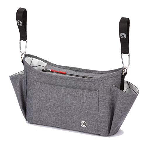 Buggy Buddy XL Organizador universal para cochecito con portavasos, fijación segura, bolsillos con cremallera, seguro y seguro, gris