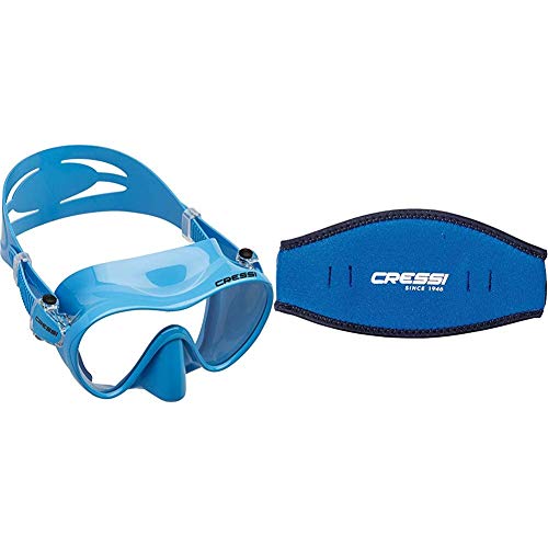 Cressi F1 Mask Máscara Monocristal Tecnología Frameless, Unisex, Azul, L + Mask Strap - Funda de Correa de Surf, tamaño único, Color Azul