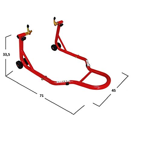 Cruizer - Caballete trasero rojo con enganches a tenedores para moto con barras de refuerzo laterales ajustables y 4 ruedas debajo.