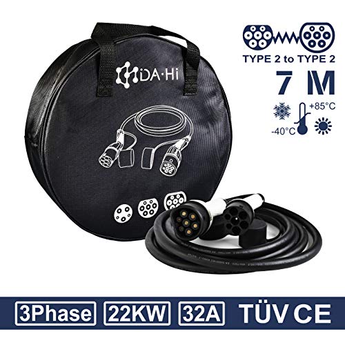 DA • Hi Cable de carga para vehículos eléctricos e híbridos tipo 2 | 22 KW 32 A 3 fase 7 m blanco / negro | Certificación TÜV y CE, IP54, Protección contra lluvia, viento y polvo