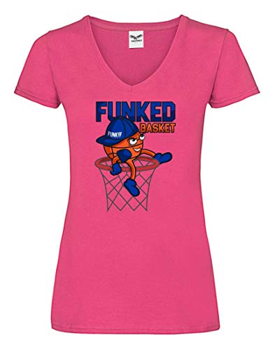 Druckerlebnis24 Camiseta V – Funket Basket Canasta de Baloncesto – Camiseta para Mujer y Mujer con Cuello en V Fucsia L