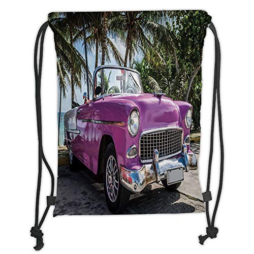 Fevthmii Drawstring Backpacks Bags,Cars,Classic Colored Cabriolet Car Parked on The Beach in Cuba Seaside Exotic Trees Print Decorative,Violet Green Soft Satin,5 Liter Capacity,Adjustable S