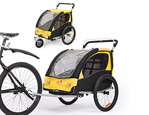 Fiximaster 360 ° Giratorio Niños Bicicletas Remolque Transporte Buggy Carrier Dos Asiento Bebé Niños con Mango Freno y Rueda Protector BT502 Amarillo