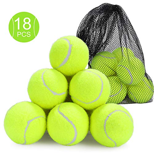 Fostoy Pelotas de Tenis, 18 PCS Pelotas de Práctica de Tenis Duraderas Pelotas Bote para Perros con Bolsa de Transporte Malla para Adultos Niños Mascotas Entrenamiento