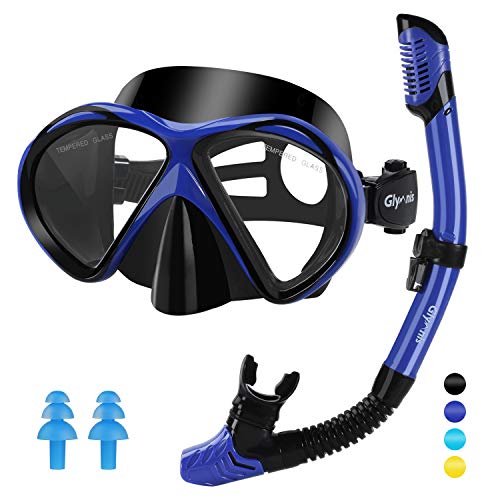 Glymnis Gafas de Buceo Gafas Snorkel Seco Completo Kit de Snorkel Máscara de Buceo y Snorkel Seco Set Máscara Set de Snorkel Profesional para Adultos y Jóvenes Hombre y Mujer Nergo y Azul