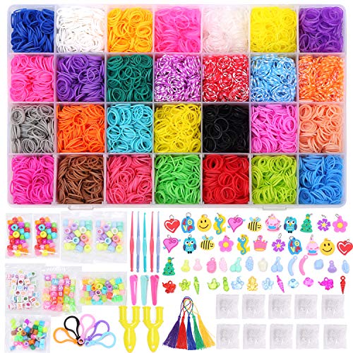 Gomas para hacer pulseras 11220+ pcs Kit, 11000 con 28 Colores gomas pulseras niña ,500 Clips, 40 dijes ,5 agujas de crochet, 2 telares en forma de YPara Hacer Pulseras De Colores Kit