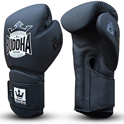 Guantes de Boxeo Muay Thai Kick Boxing Buddha Pro Gel (12 Onz, Negro Mate)