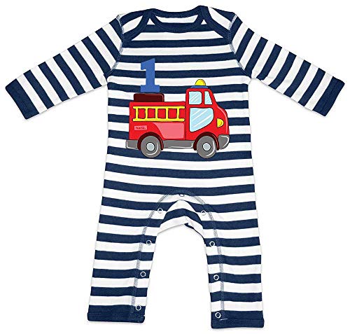 Hariz - Pelele para bebé, diseño de rayas de camión de bomberos, 1 cumpleaños, niños, tarjetas de regalo, color azul marino y blanco lavado a mano, 12 – 18 meses