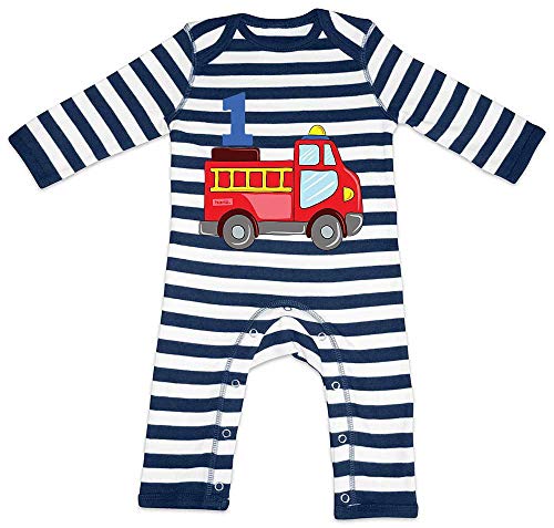 Hariz - Pelele para bebé, diseño de rayas de camión de bomberos, 1 cumpleaños, niños, tarjetas de regalo, color azul marino y blanco lavado a mano, 12 – 18 meses Hariz - Pelele para bebé, diseño de rayas de camión de bomberos, 1 cumpleaños, niños, tarjetas de regalo, color azul marino y blanco lavado a mano, 12 – 18 meses