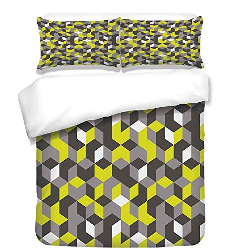 Juego de Funda nórdica Gris y Amarilla Cajas geométricas Modernas inspiradas en impresión 4D Cubos Imagen Juego de Cama de 3 Piezas con 2 Fundas de Almohada Mostaza Amarillo Negro Blanco
