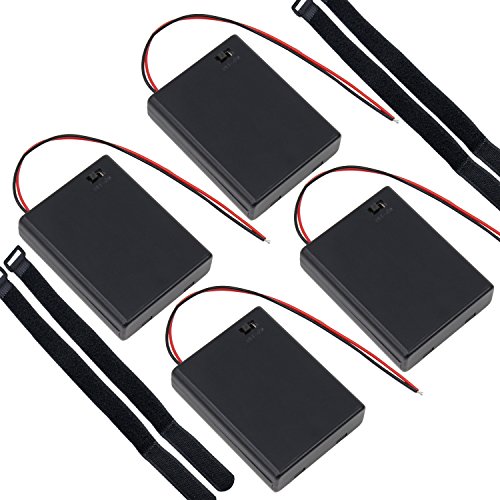 KEESIN Caja del soporte de batería AAA 6V Caja de almacenamiento de batería de plástico con interruptor de ENCENDIDO / APAGADO y ataduras de cables autoadhesivas (4 solidos × 4 piezas)