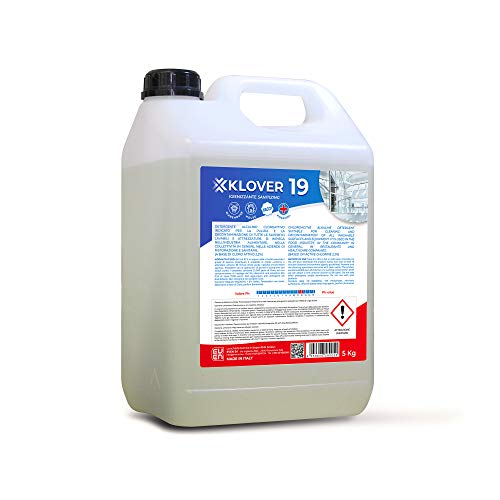KLOVER 19 Limpiador higienizante desinfectante a base de cloro activo al 2,2% H.A.C.C.P. Indicado para la limpieza y la descontaminación de gérmenes y bacterias de todas las superficies lavables. KLOVER 19 Limpiador higienizante desinfectante a base de cloro activo al 2,2% H.A.C.C.P. Indicado para la limpieza y la descontaminación de gérmenes y bacterias de todas las superficies lavables.