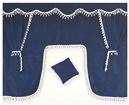 Krisinox Juego de 5 cortinas azules con borlas blancas, tamaño universal, todos los modelos de camiones, accesorios de cabina, decoración de tela de felpa