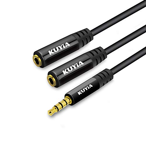 KUYiA Cable divisor de audio estéreo de 3,5 mm con adaptador convertidor de auriculares y altavoces para iPod MP3 – 1 macho a 2 hembra, conector chapado en oro
