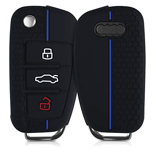 kwmobile Funda de Silicona Compatible con Audi Llave de Coche Plegable de 3 Botones - Carcasa Suave de Silicona - Case Mando de Auto Negro/Azul