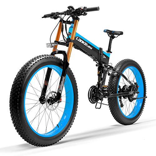 LANKELEISI Nueva T750Plus Bicicleta de eléctrica, Bicicleta de Nieve con Sensor de Asistencia a Pedales de 5 Niveles, batería de 48V 14.5Ah, Mejorada Horquilla (Azul, 1000W + 1 batería de Repuesto)