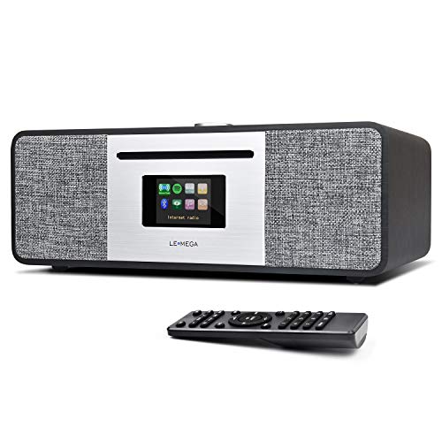 LEMEGA MSY5 Radio por Internet con Reproductor de CD (Radio estéreo Digital Dab+/FM,Spotify Connect,Bluetooth,Caja de Madera,AUX,USB,Despertador Dual,subwoofer,Pantalla a Color,Control Remoto) -Negro